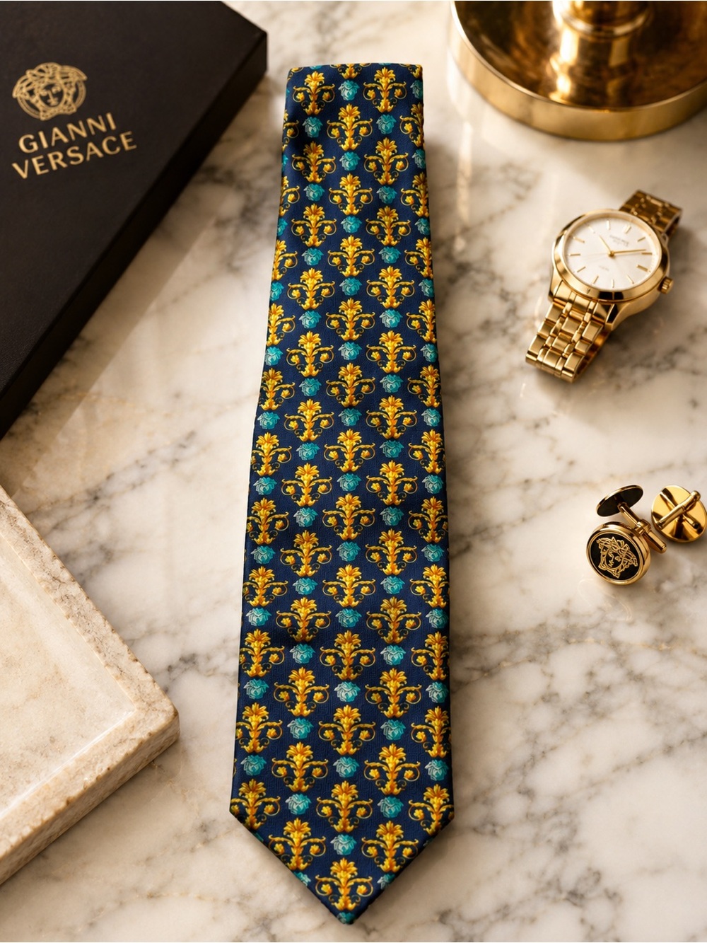 Vintage Gianni Versace Medusa Head Baroque Silk Tie Navy Gold Made in Italy 90’s - Picture 3 of 8